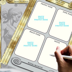 May include: A progress photo tracker with a gold and white design. The tracker has four sections for pasting photos, a section for notes, and a section for the week or month. The text "Progress Photos" and "Paste Your Photo Here" is printed on the tracker.