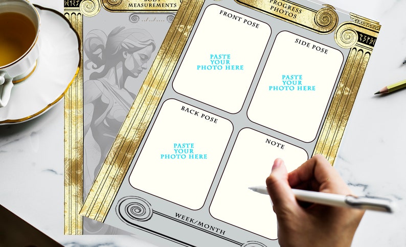 May include: A progress photo tracker with a gold and white design. The tracker has four sections for pasting photos, a section for notes, and a section for the week or month. The text "Progress Photos" and "Paste Your Photo Here" is printed on the tracker.