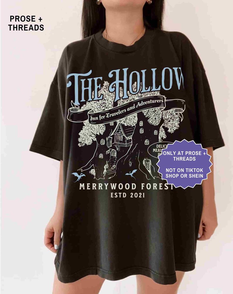 Pu&ograve; includere: T-shirt nero con un design grafico. Il design include il testo "THE HOLLOW" in azzurro, un'illustrazione di un albero e una casa, e il testo "Inn for Travelers and Adventurers" e "MERRYWOOD FOREST ESTD 2021".
