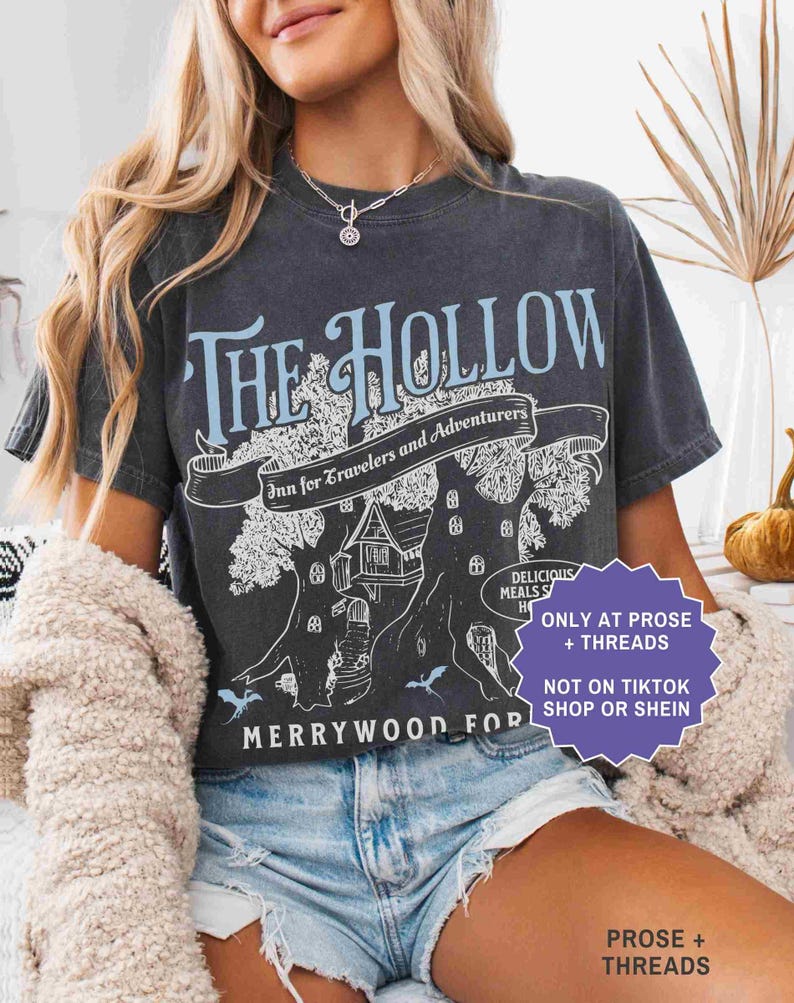 Pu&ograve; includere: T-shirt grigio scuro con la scritta "THE HOLLOW" in azzurro, con una grafica di casa sull'albero. La maglietta include anche il testo "Inn for Travelers and Adventurers" e "MERRYWOOD FOR".
