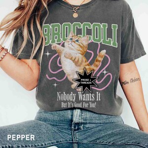 May include: A gray t-shirt with a green and white "BROCCOLI" graphic featuring a cartoon orange cat. The text "Nobody Wants It But It's Good For You!" is printed below the graphic. The t-shirt is from the brand "PROSE + THREADS".