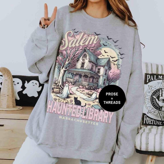 Salem Haunted Library Sweatshirt Salem Bookish Halloween Shirt Reading Shirt Ghost Reading Bookworm Bookstagram Booktok Merch Massachusettes