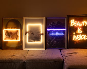 Exclusive Collection of Neon-Accented Art Pieces, Reinventing Classics with Light, Perfect for Home Decor and Artistic Gifts