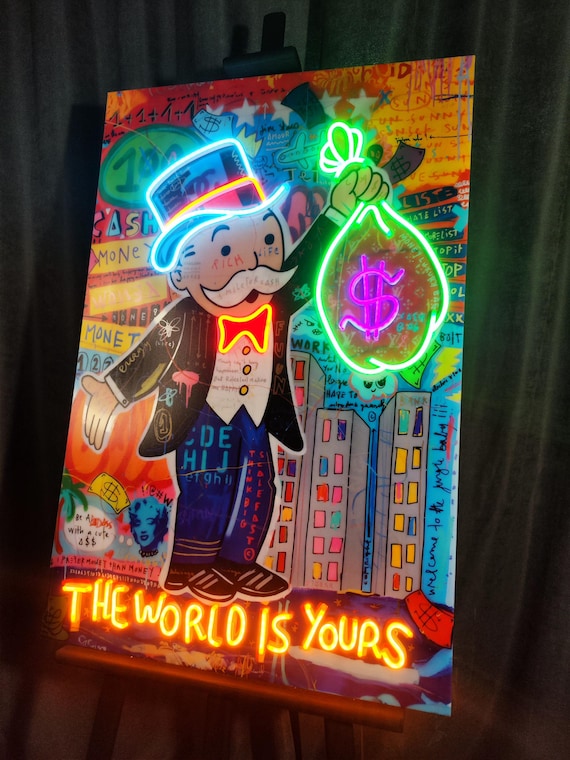 Monopoly Man Neon Art: Rich Life Graffiti Decor
