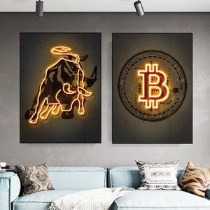 Bitcoin and Bull LED Neon Wall Art Set, Glowing Crypto Market Decor for Trader Office, Tech Room or Modern Finance Gift Idea