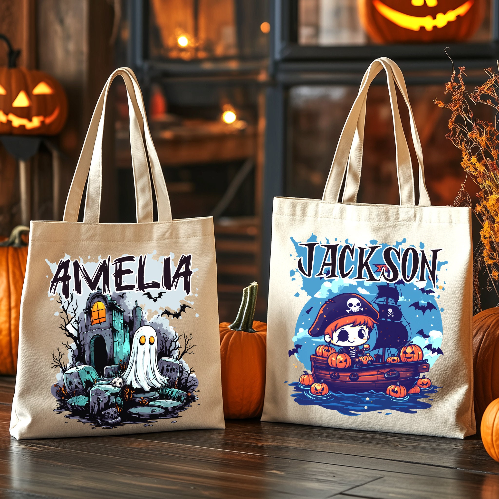 Personalized Halloween Trick or Treat Tote Bag With Custom Name Pumpkin ...