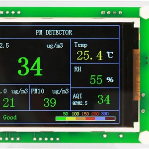 May include: A green and black PM detector with a digital display showing the air quality index (AQI) as 34, PM2.5 as 34 ug/m3, PM1.0 as 21 ug/m3, PM10 as 39 ug/m3, temperature as 25.4 degrees Celsius, and humidity as 55%. The display also shows a color-coded bar graph indicating the AQI level as good.