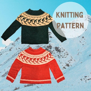 May include: Two knitted sweaters with a ski-themed pattern. One is dark green with a tan and black design, the other is red with a white and red design. The image includes the text "KNITTING PATTERN".