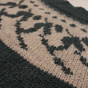 Puede incluir: Primer plano de una tela de punto con un patr&oacute;n repetitivo. El dise&ntilde;o presenta formas verde oscuro sobre un fondo beige. Los bordes y el escote son de color verde oscuro liso. La textura del tejido es visible.