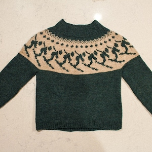 Puede incluir: Un jersey de punto verde y beige con cuello alto. El canes&uacute; beige presenta un patr&oacute;n repetido de figuras estilizadas. El cuerpo y las mangas son de color verde oscuro liso.