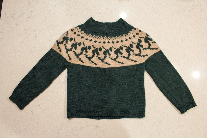 Puede incluir: Un jersey de punto verde y beige con cuello alto. El canes&uacute; beige presenta un patr&oacute;n repetido de figuras estilizadas. El cuerpo y las mangas son de color verde oscuro liso.