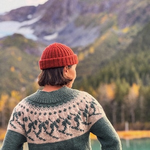 Puede incluir: Una persona con un gorro de punto color &oacute;xido y un su&eacute;ter verde y beige con estampado. El su&eacute;ter tiene un dise&ntilde;o geom&eacute;trico en el pecho y los hombros. El fondo presenta una cordillera y una masa de agua.