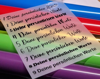 Schriftzug Aufkleber, individueller Wunschtext und persönliche Worte zum Aufkleben als Deko in 6 verschiedenen Farben