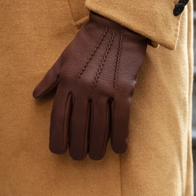 Handmade Deerskin Leather Lined with Wool High Quality Black Brown Soft Sheepskin Leather Men Women Warm Winter Gloves Gift for Him Her image 4