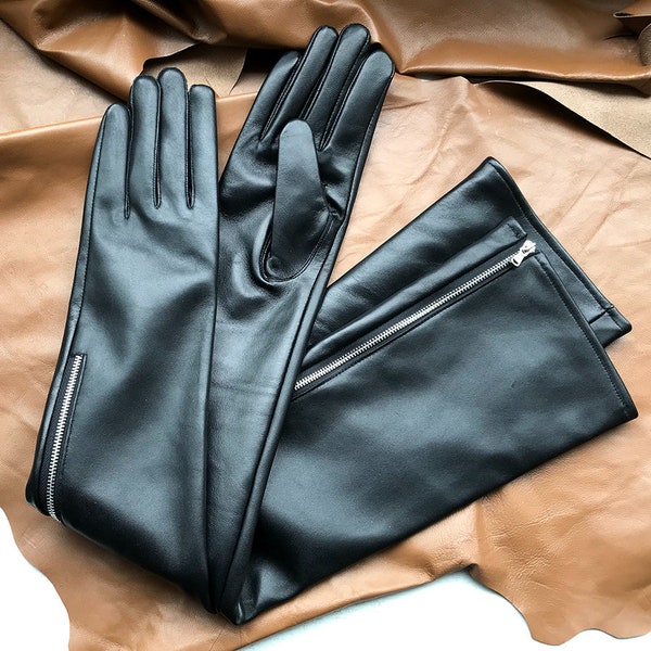 Handmade Ladies Long Leather Glove Vintage Gloves Women Gloves Opera Gloves Zip Black Gloves Buttons Gloves Gift For Her Christmas Gift