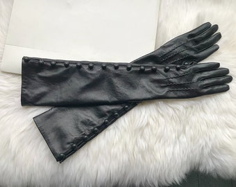 Black Gloves Winter Gloves Gift For Her Opera Gloves Buttons Vintage Gloves Women Gloves Ladies Long Leather Gloves Handmade Christmas Gift