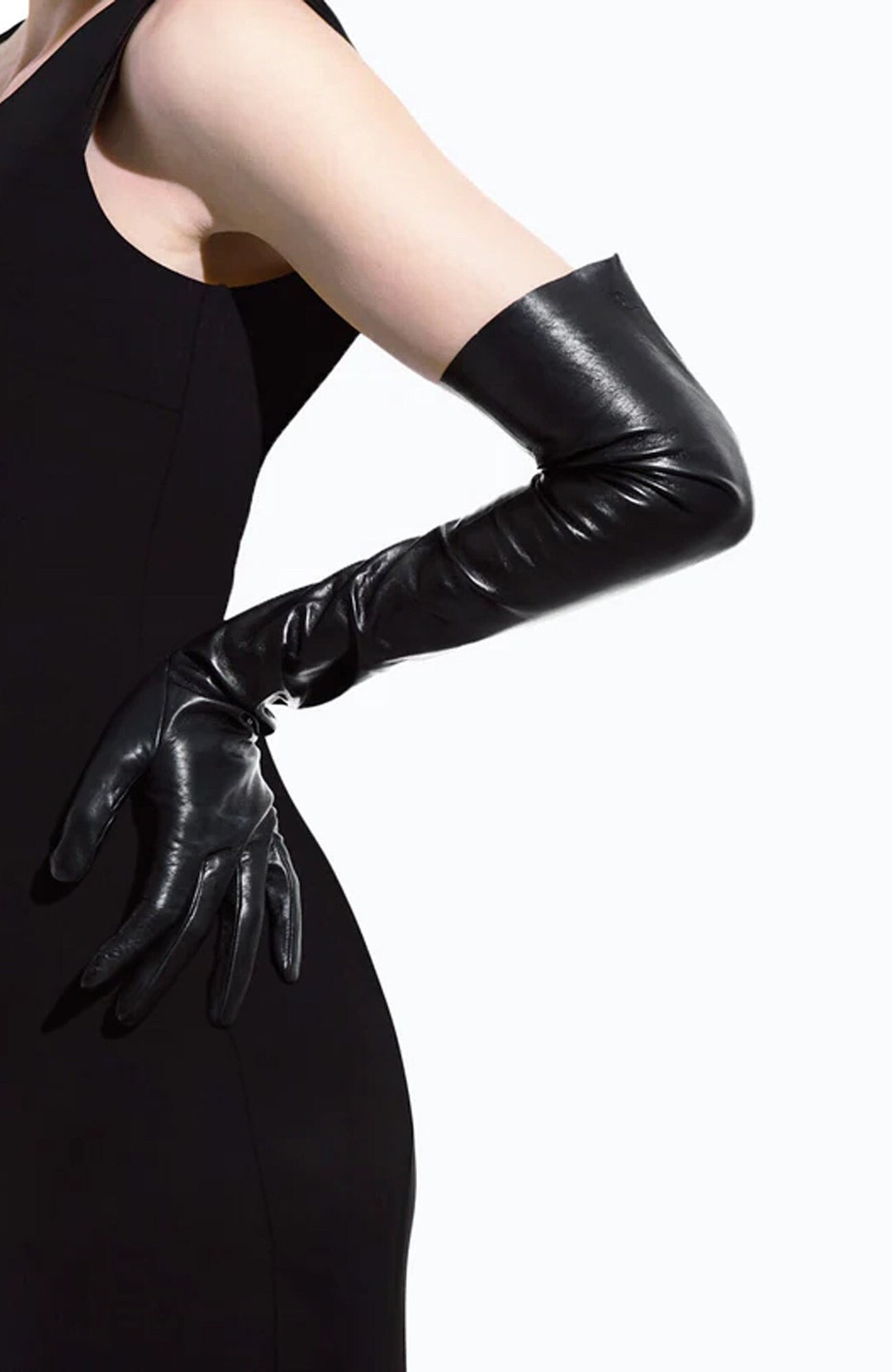 Ladies Long Opera Leather Gloves Handmade Long Retro Vintage Black Real ...