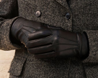 Women Winter Gloves Handmade Sheepskin Black and Brown Leather Touchscreen  with Soft Deerskin and Lined with Wool Warm Gift for Her and Him