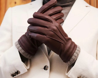 Handmade Deerskin Leather Lined with Wool High Quality Black Brown Soft Sheepskin Leather Men Women Warm Winter Gloves Gift for Him Her