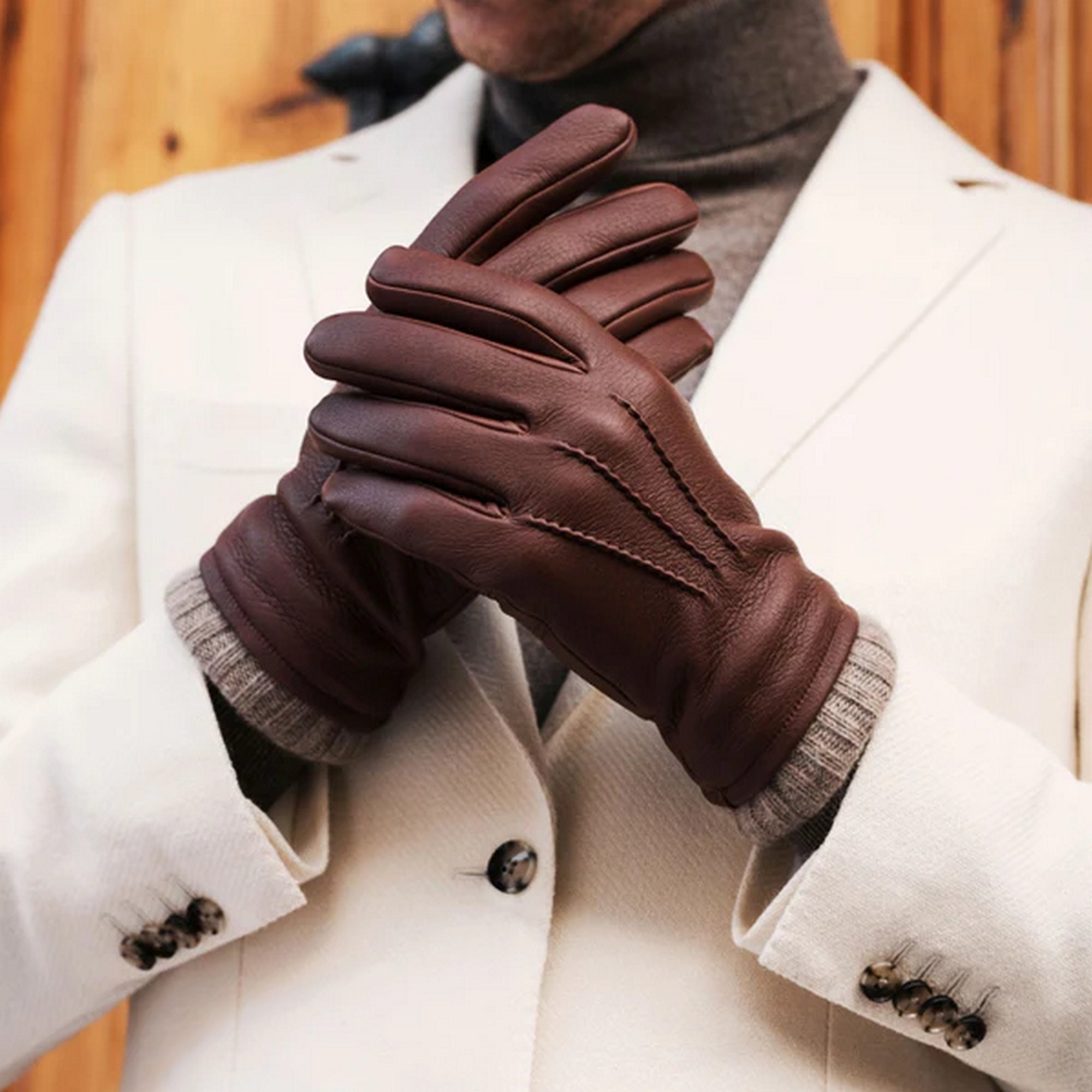 Deerskin Leather Gloves Men Black - Handmade in Italy XXXL - 12½/13