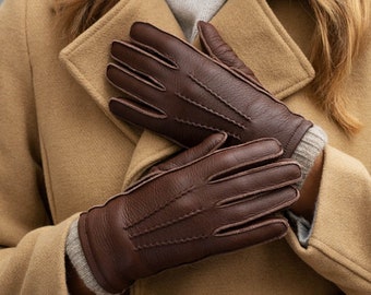 Schaffell Schwarz und Braun Leder Touchscreen Frauen Winter Handschuhe Handgefertigt mit weichem Hirschleder und gefüttert mit Wolle Warmes Geschenk für Sie und Ihn