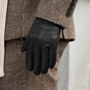 Women Men Winter Gloves Handmade with Soft Leather Black and Brown Sheepskin Touchscreen Deerskin and Lined with Wool Warm Gift for Him Her image 2