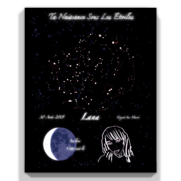 Portrait sur carte céleste | carte du ciel du jour | La lune et les étoiles