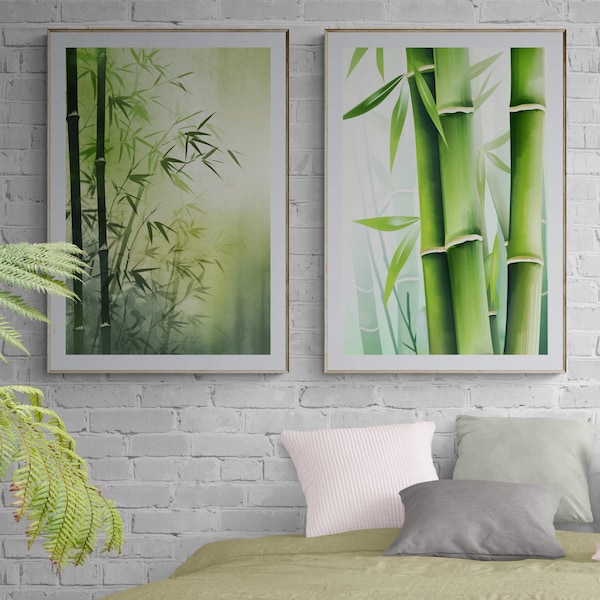 Bamboe afdrukbare poster set van 2 bamboe schilderij botanische muur kunst bamboe muur decor aquarel bamboe tropische kunst Aziatische kunst bamboe decor