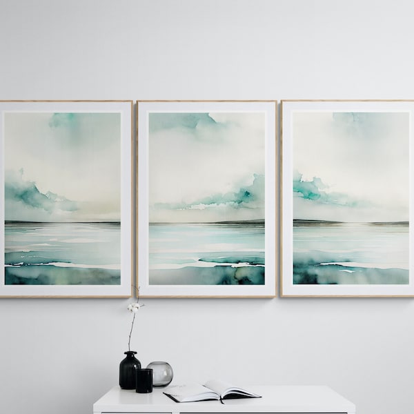 Ocean Triptych Wall Art Beach Prints Set of 3 Minimalist Ocean Prints Modern Coastal Watercolor Print Printable Wall Art Digital Print