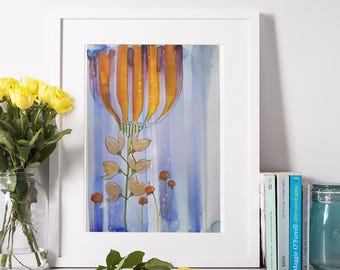 オレンジ色の水彩画の花のアートプリント：抽象的な花の壁飾り - Etsy 日本
