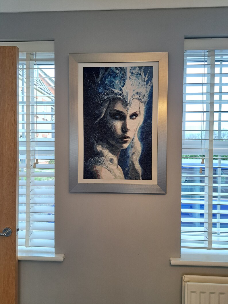 Cross stitch gobelin 'The Ice Queen'/Tapestry/High quality art piece ready to hang at home/Large size 50x75cm/Cotton materials/Home decor image 3