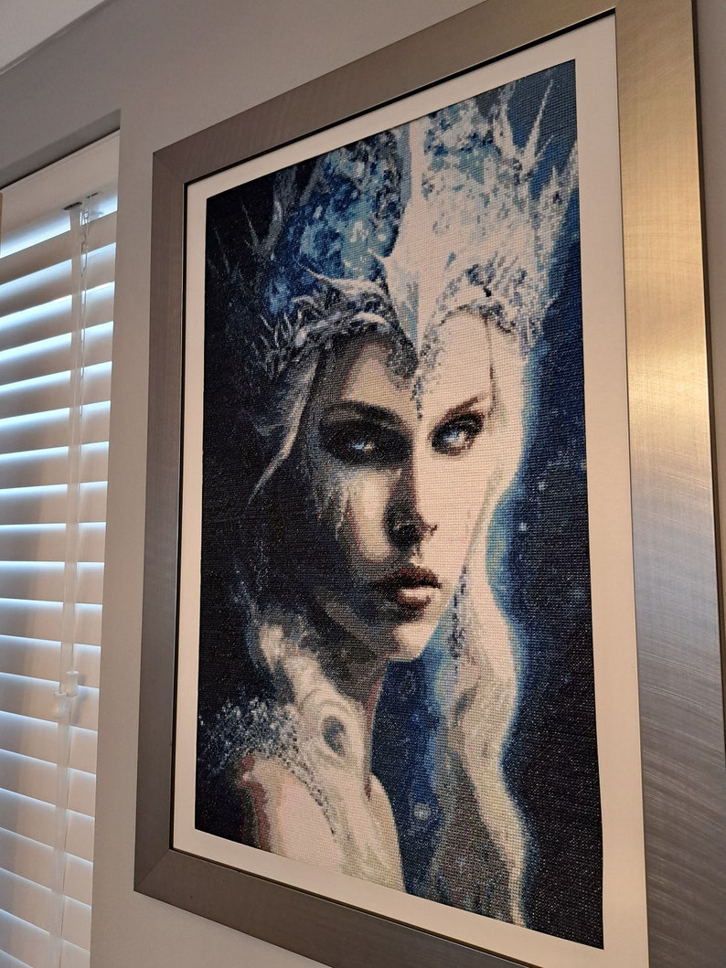 Cross stitch gobelin 'The Ice Queen'/Tapestry/High quality art piece ready to hang at home/Large size 50x75cm/Cotton materials/Home decor image 2