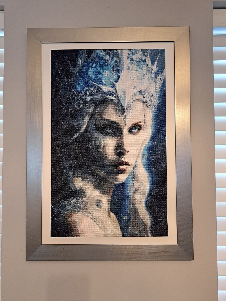 Cross stitch gobelin 'The Ice Queen'/Tapestry/High quality art piece ready to hang at home/Large size 50x75cm/Cotton materials/Home decor image 1