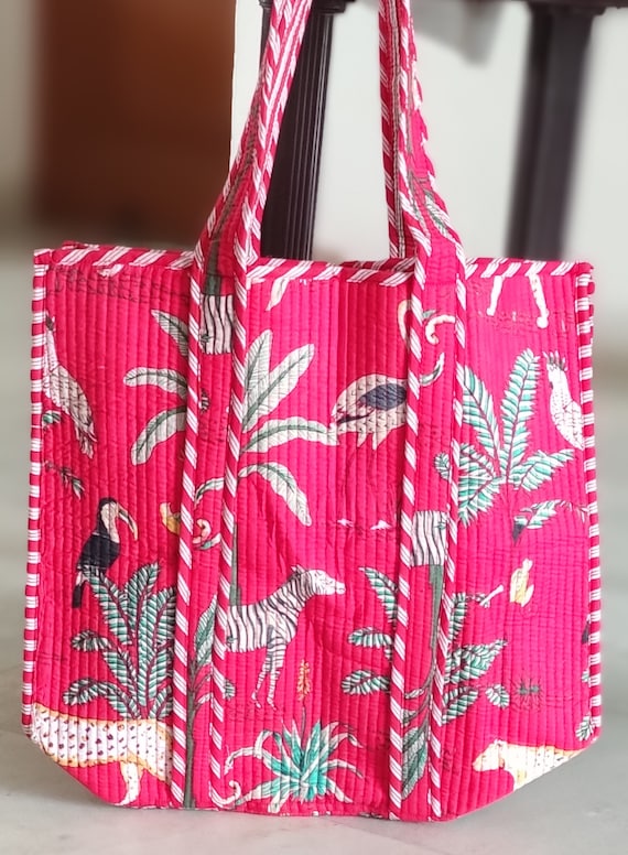 Red Safari Tiger Print Indian Cotton Quilted Tote Bag Bolso de