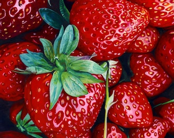 Strawberries - Photorealistic Gouache Painting - Art Print by April Warren