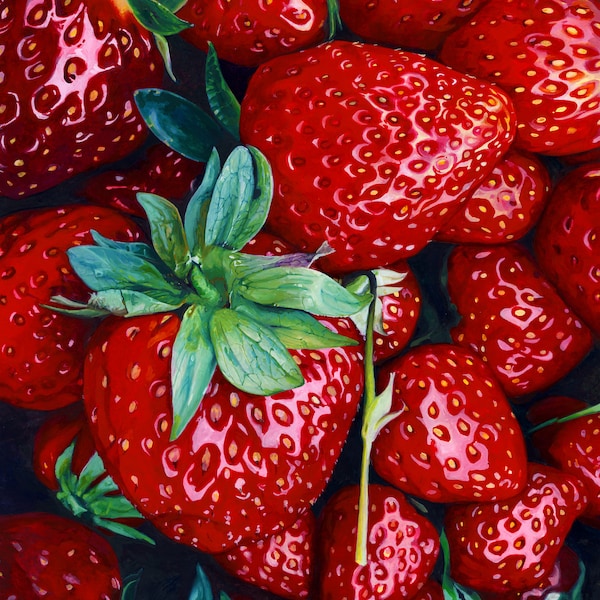 Strawberries - Photorealistic Gouache Painting - Art Print by April Warren