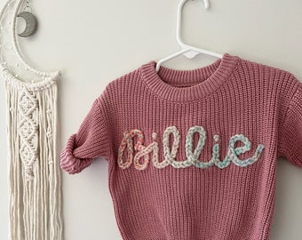 Custom hand embroidered baby name sweater, Toddler infant baby name sweater, oversized chunky name sweater, custom baby sweater