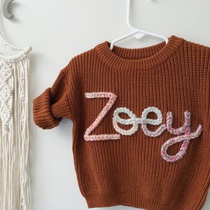 Custom hand embroidered baby name sweater, Toddler infant baby name sweater, oversized chunky name sweater, custom baby sweater image 5