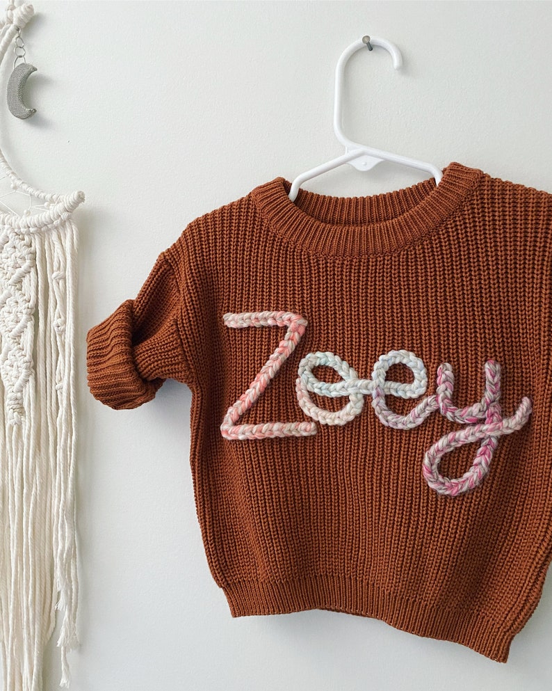 Custom hand embroidered baby name sweater, Toddler infant baby name sweater, oversized chunky name sweater, custom baby sweater image 5