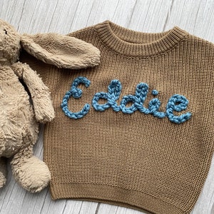 Custom hand embroidered baby name sweater, Toddler infant baby name sweater, oversized chunky name sweater, custom baby sweater image 4