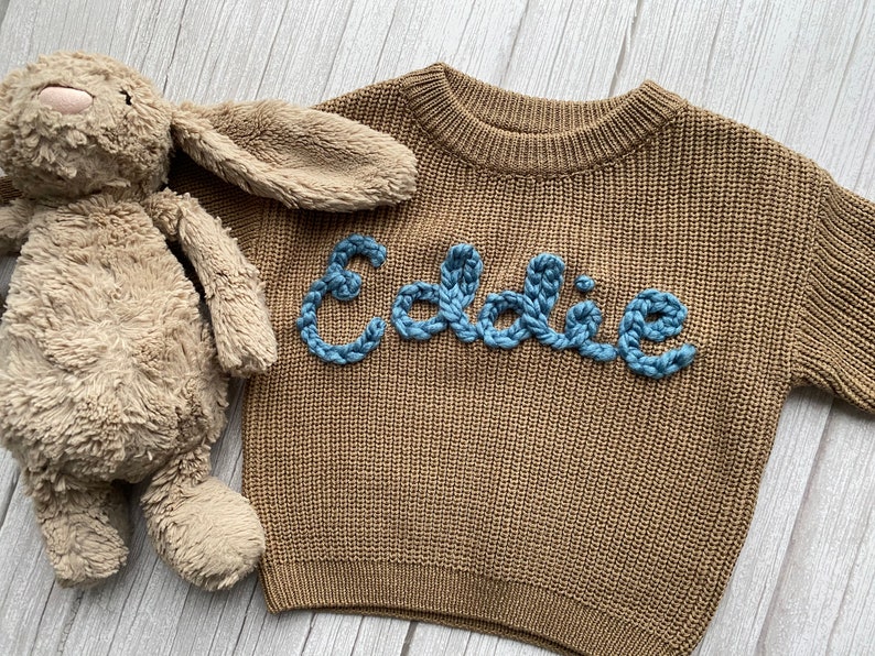 Custom hand embroidered baby name sweater, Toddler infant baby name sweater, oversized chunky name sweater, custom baby sweater image 4