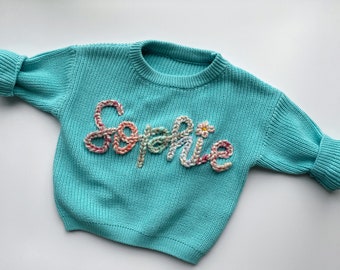 Custom hand embroidered baby name sweater, Toddler infant baby name sweater, oversized chunky name sweater, custom baby sweater