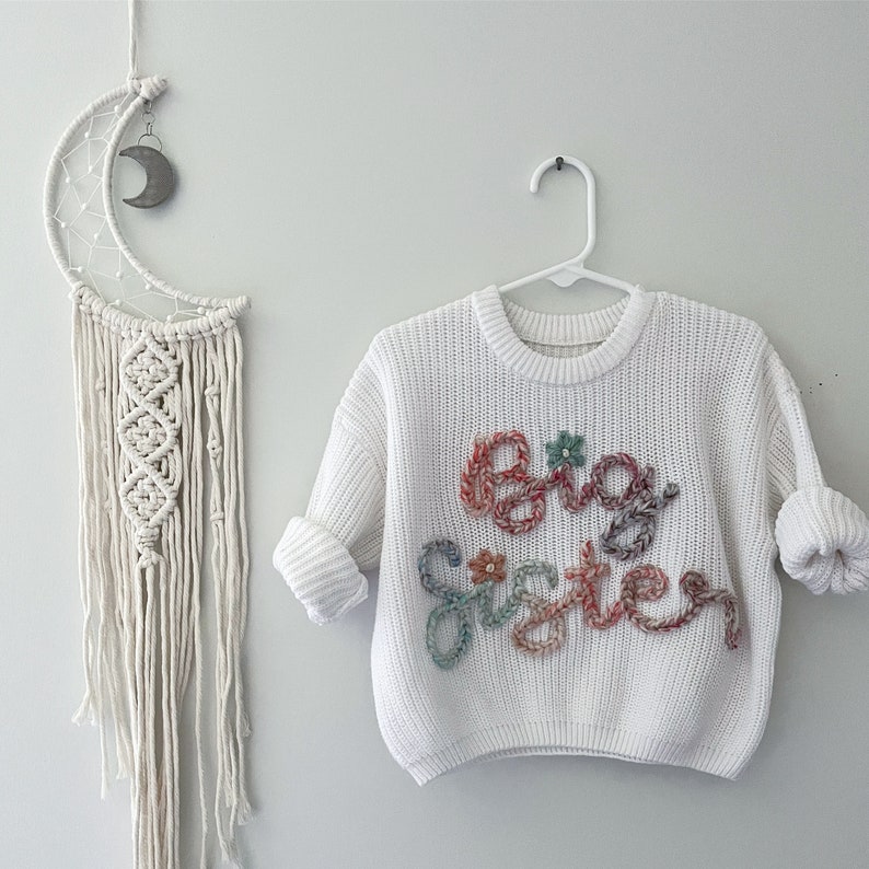 Custom hand embroidered baby name sweater, Toddler infant baby name sweater, oversized chunky name sweater, custom baby sweater image 2