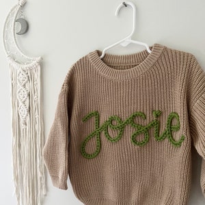 Custom hand embroidered baby name sweater, Toddler infant baby name sweater, oversized chunky name sweater, custom baby sweater image 1