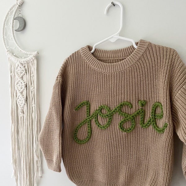 Custom hand embroidered baby name sweater, Toddler infant baby name sweater, oversized chunky name sweater, custom baby sweater