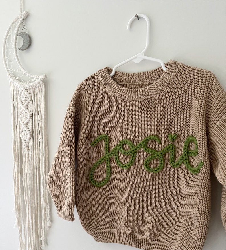 Custom hand embroidered baby name sweater, Toddler infant baby name sweater, oversized chunky name sweater, custom baby sweater image 1