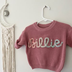 Custom hand embroidered baby name sweater, Toddler infant baby name sweater, oversized chunky name sweater, custom baby sweater image 6