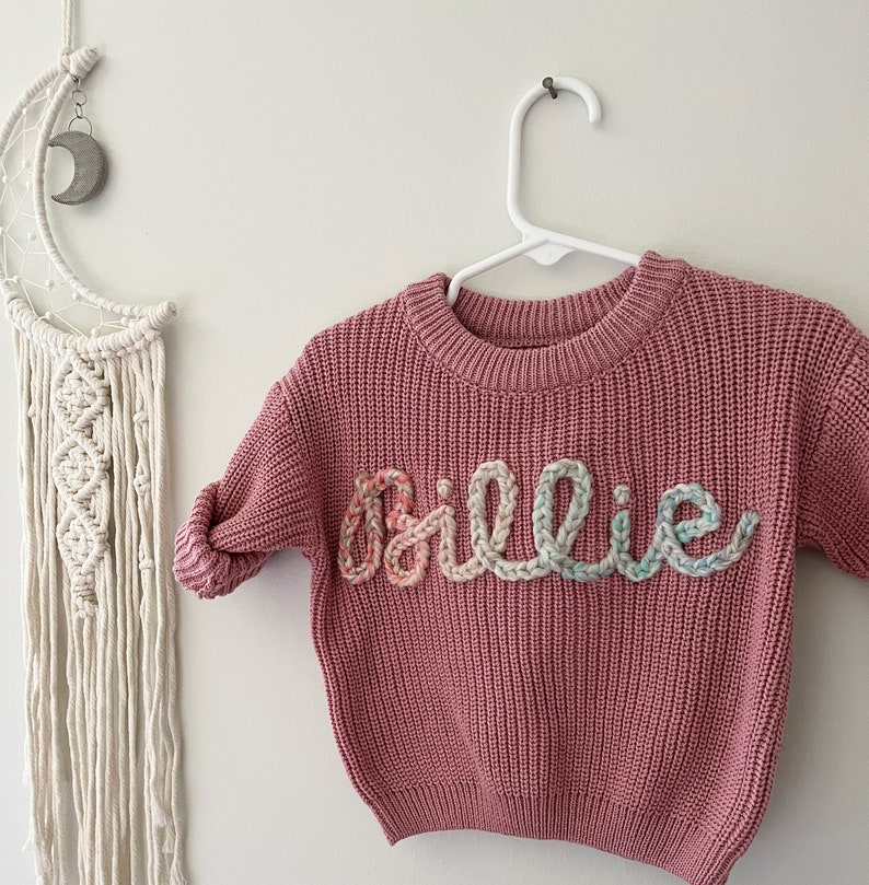 Custom hand embroidered baby name sweater, Toddler infant baby name sweater, oversized chunky name sweater, custom baby sweater image 6