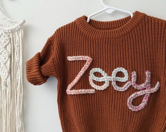 Custom hand embroidered baby name sweater, Toddler infant baby name sweater, oversized chunky name sweater, custom baby sweater