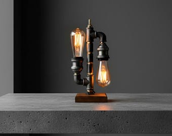 Vintage Table Lamp,Industrial Pipe Desk Lamp with Wooden Base, ,Edison Bulb Nightlight, Rustic Home Office Decor